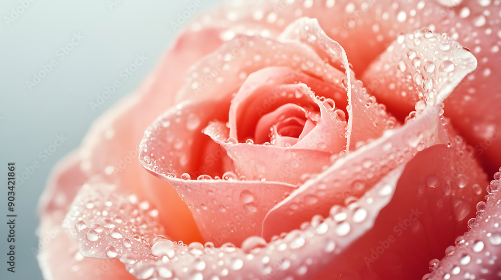 Close-up of a delicate pink rose with dewdrops on its petals Close-up of a delicate pink rose with dewdrops on its petals