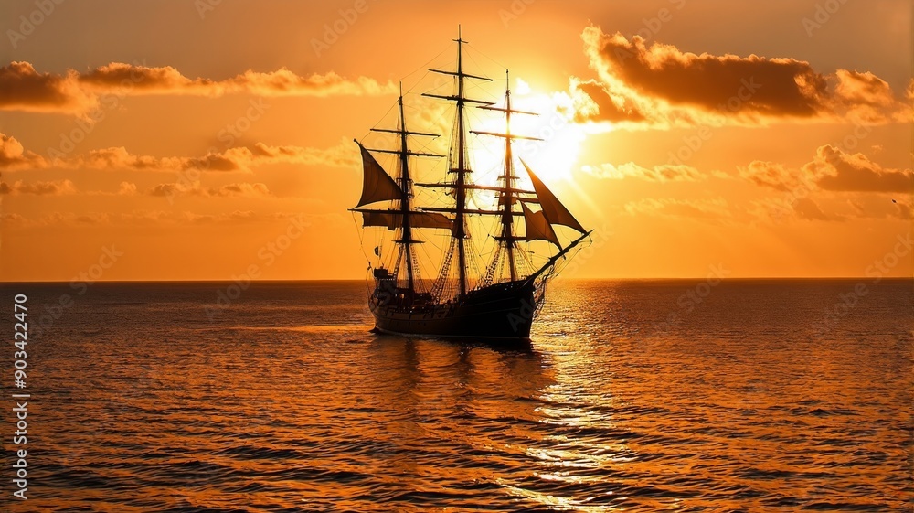 Obraz premium Majestic Tall Ship Sailing at Sunset - Tranquil Ocean Voyage