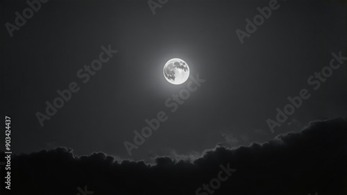 Full Moon Over Cloudy Night Sky - Black and White Nighttime Photograph for Nature and Astronomy Enthusiasts