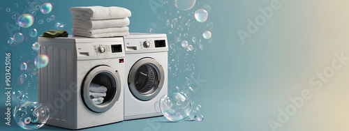 A cleaning clothes washing machine advertisement floating with shirt around with bubbles of laundry work as banner design with copy space, advertisement style image
 photo