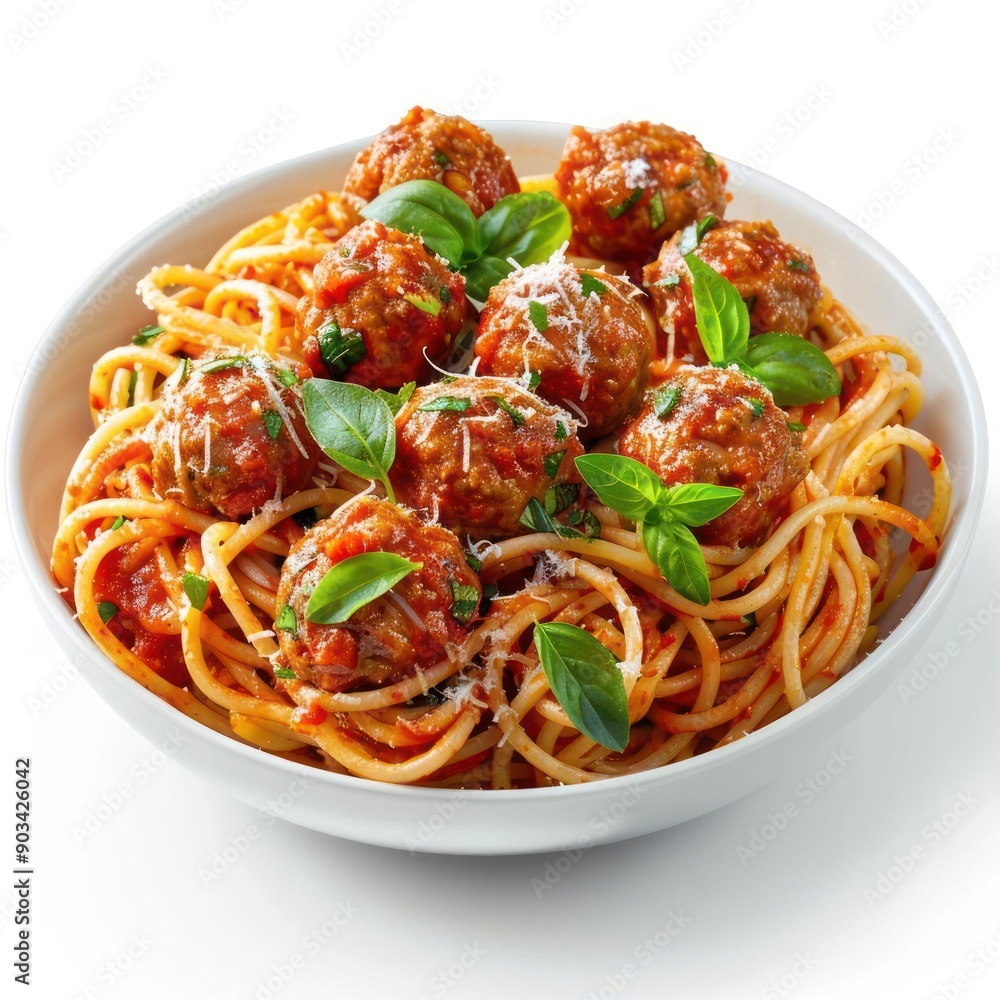 arafed spaghetti and meatballs in a bowl with basil leaves arafed spaghetti and meatballs in a bowl with basil leaves