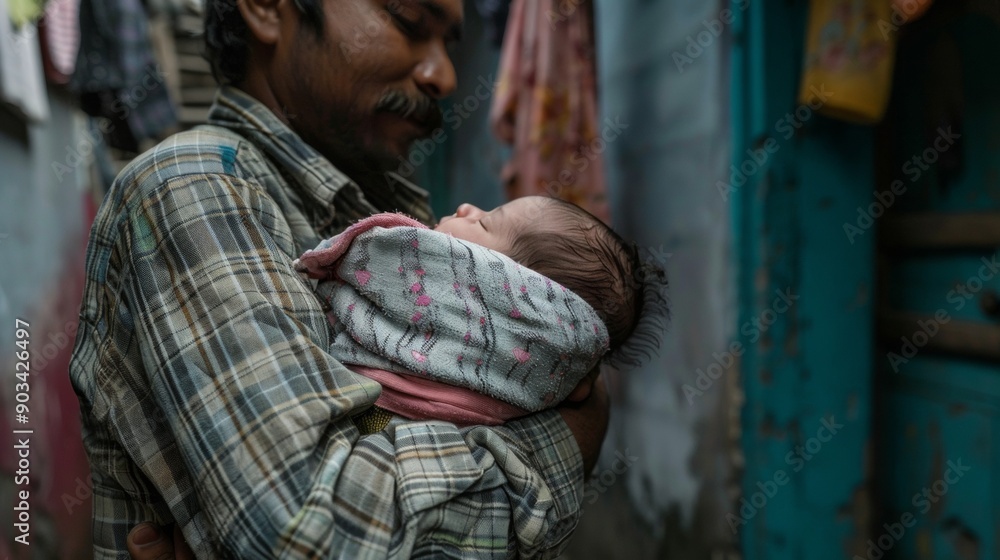 Cheerful father holding his newborn baby in his arms isolated on blurred background Cheerful father holding his newborn baby in his arms isolated on blurred background