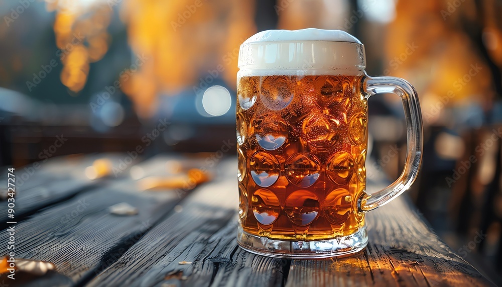A frothy mug of beer on a rustic wooden table, captured in warm autumn light. Perfect for fall season themes and beer-related content. A frothy mug of beer on a rustic wooden table, captured in warm autumn light. Perfect for fall season themes and beer-related content.
