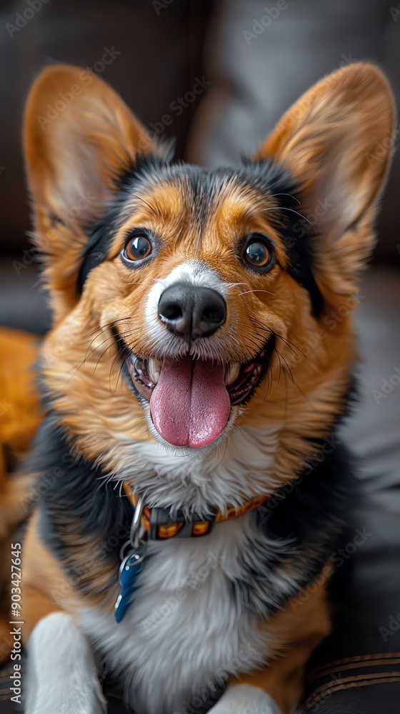 Adorable corgi dog with wide smile and perky ears sitting on couch, showcasing joyful expression and vibrant fur coat. Adorable corgi dog with wide smile and perky ears sitting on couch, showcasing joyful expression and vibrant fur coat.
