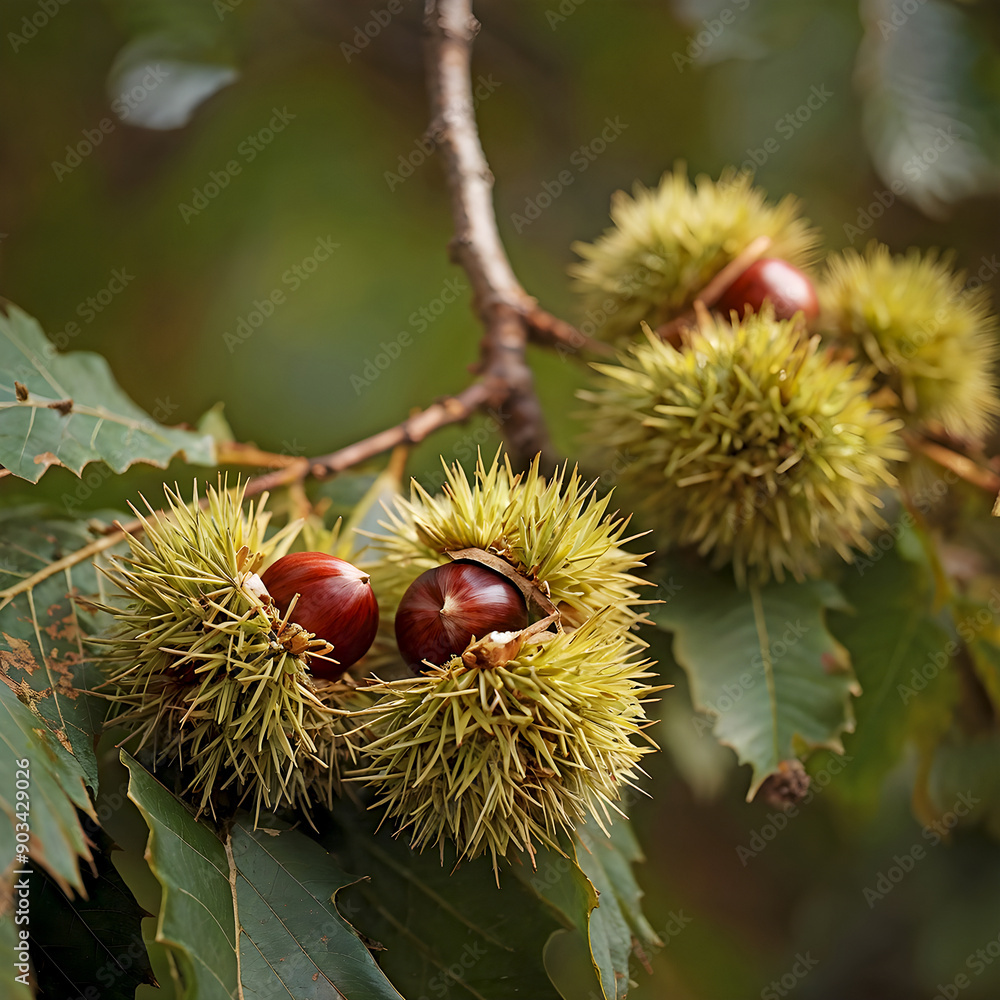 Chestnuts inside the hedgehog, close up image Chestnuts inside the hedgehog, close up image