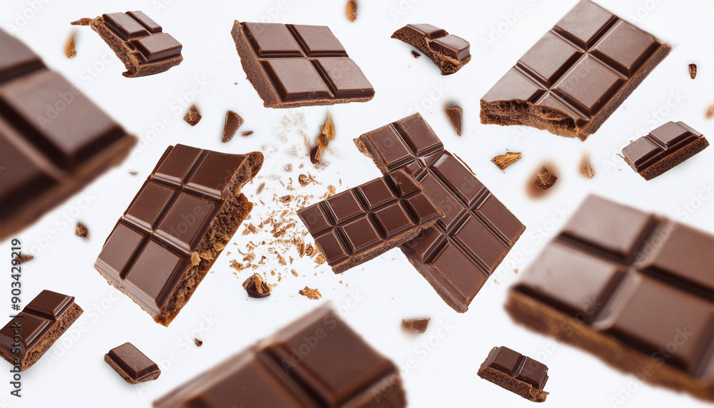 In a wide-angle, full-frame shot, a chocolate bar wafer and chocolate flakes fall through the air, isolated on a white background with pieces of dark chocolate In a wide-angle, full-frame shot, a chocolate bar wafer and chocolate flakes fall through the air, isolated on a white background with pieces of dark chocolate