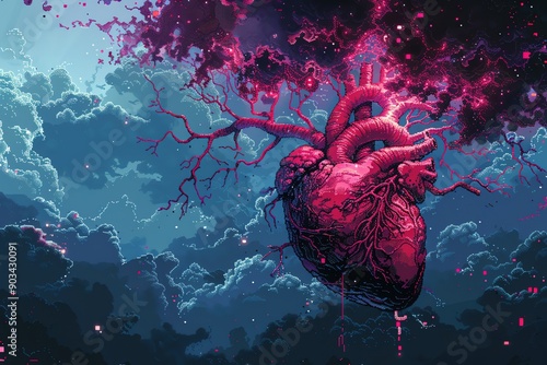 pixel art illustration showcasing a long shot view of the Cardiovascular System Utilize a limited color palette to  visually striking and detailed representation of the intricate syst photo