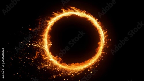 Close-up: Blazing ring of fire against black void. Flames dance, forming perfect circle. Sparks fly outward, creating dramatic contrast. Symbolizes power, transformation, eternal cycle.	