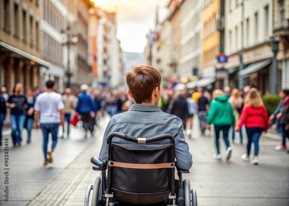 Obraz premium Close up photo of confused cerebral palsy boy sitting in the wheelchair at crowded city street. View from behind. Image related to vulnerability of disabled people which needs a help..