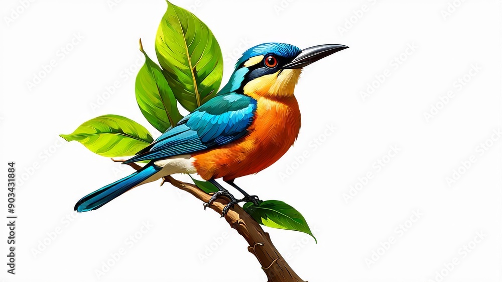 Obraz premium Colorful Kingfisher Illustration Perched on Branch - Vibrant Wildlife Art with Green Leaves Background