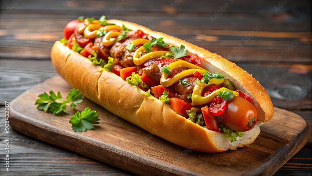 Appetizing hot dog topped with savory sauce , delicious, fast food, hot dog, sausage, bun, mustard, ketchup, condiments, tasty Appetizing hot dog topped with savory sauce , delicious, fast food, hot dog, sausage, bun, mustard, ketchup, condiments, tasty