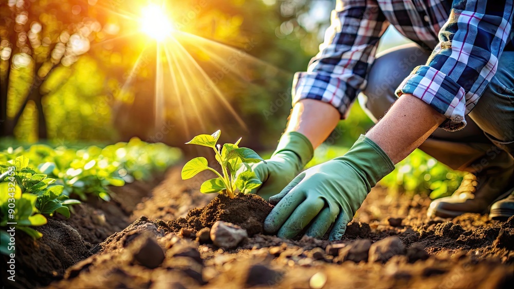 Fototapeta premium Gardener wearing gloves planting seedlings in rich soil in a sunlit garden , gardening, gardener, gloves, planting
