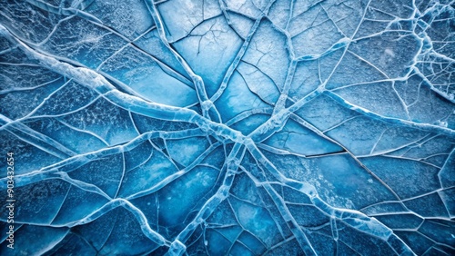 Frosted blue backdrop featuring intricate patterns of cracks and fissures on the icy surface, evoking a sense of frozen Fragmentation and majestic serenity. photo