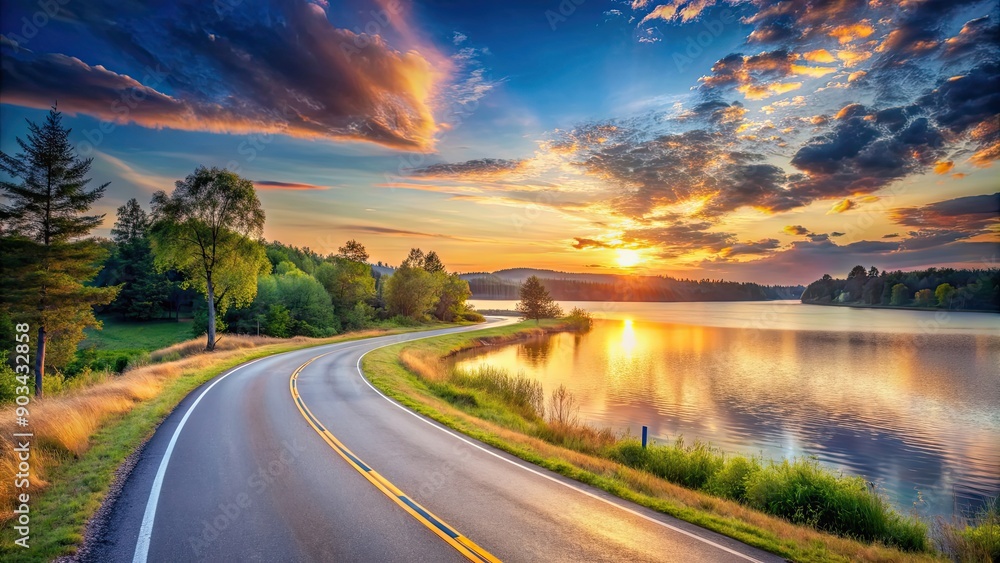 Naklejka premium Peaceful winding road leading to serene lake under a picturesque sunset sky, peaceful, winding road, serene lake