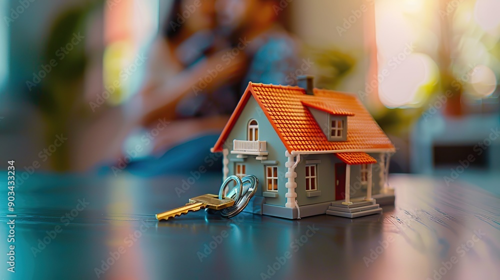 Close-up of key and tiny toy house on a table. with blurred couple buying house, consulting, lawyer, legal advisor, real estate agent, bank manager, signing mortgage agreement in background. Close-up of key and tiny toy house on a table. with blurred couple buying house, consulting, lawyer, legal advisor, real estate agent, bank manager, signing mortgage agreement in background.