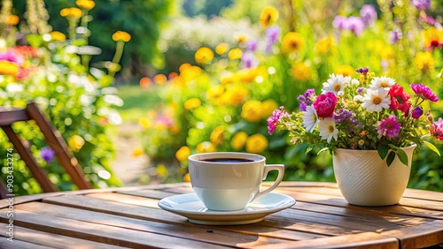 Fototapeta Naklejka Na Ścianę i Meble -  Cup of coffee on a summer garden terrace table with beautiful flowers , coffee, cup, garden, terrace, summer, outdoor