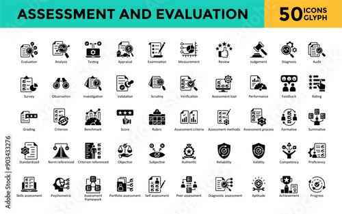 Assessment and Evaluation icon set with evaluation, analysis, testing, appraisal, examination, measurement, review, judgement, diagnosis, audit. Simple glyph vector 
