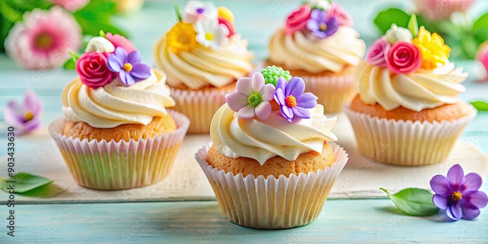 Delicious cupcakes with cream and sugar flowers for a spring birthday celebration, cupcakes, cream, sugar flowers, spring Delicious cupcakes with cream and sugar flowers for a spring birthday celebration, cupcakes, cream, sugar flowers, spring