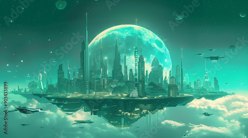 Floating Futuristic City with Moon and Stars in Background