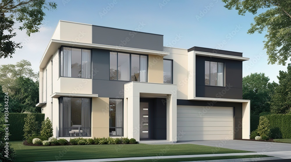 The exterior of a two-story residential house with a contemporary concept that combines balanced colors between dark gray and cream The exterior of a two-story residential house with a contemporary concept that combines balanced colors between dark gray and cream