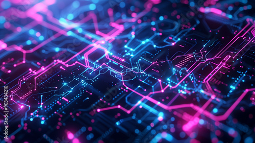 Vibrant Neon Circuit Board with Glowing Blue and Pink Lines.