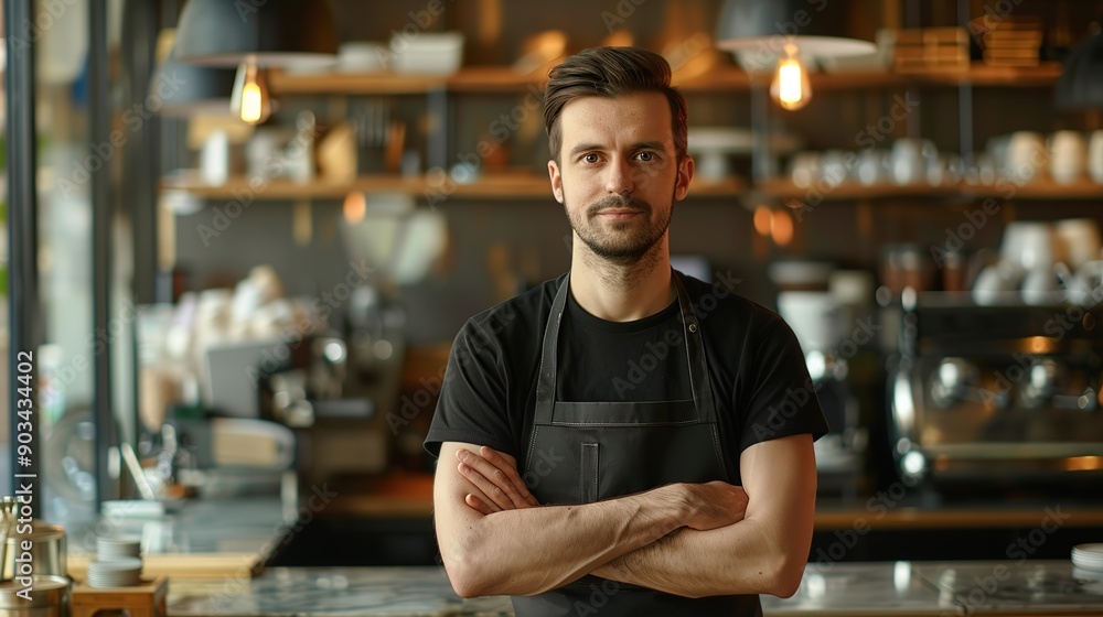 Portrait of a handsome barista in black t-shirt and apron standing at the bar of the modern cafe. copy space. copy space for text. Portrait of a handsome barista in black t-shirt and apron standing at the bar of the modern cafe. copy space. copy space for text.