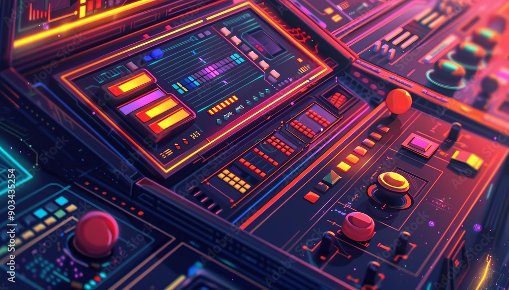 Colorful digital audio mixer with neon lights, featuring various buttons, knobs, and screens, showcasing modern technology and vibrant design. Colorful digital audio mixer with neon lights, featuring various buttons, knobs, and screens, showcasing modern technology and vibrant design.