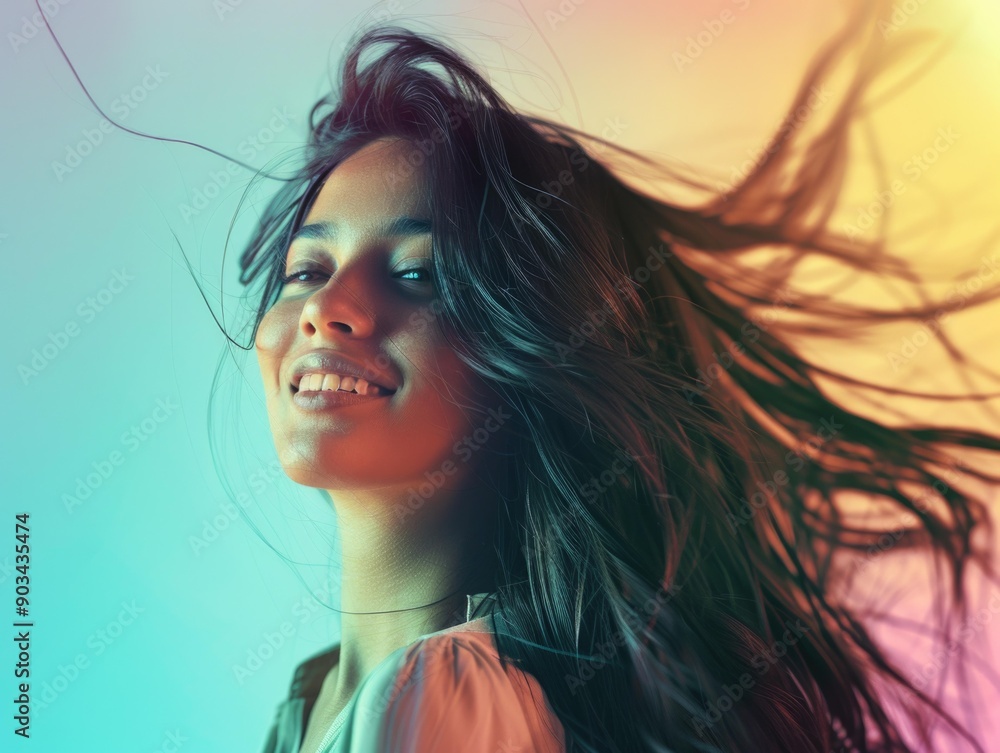 Confident South East Asian Woman with Flowing Hair, colorful gradient, light top
Confident South East Asian Woman with Flowing Hair, colorful gradient, light top