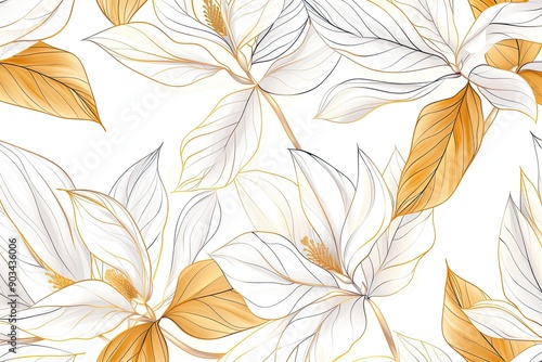 A pattern with a cartoonistic illustration of a white and gold leaves white background. Thick cartoon