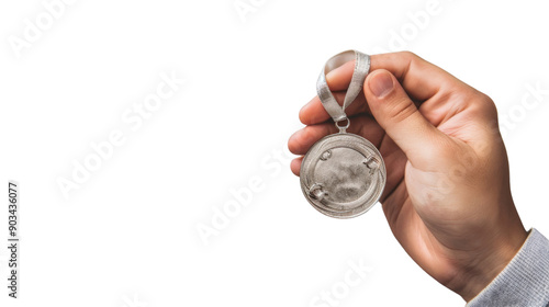 Hand holding silver medal on transparent background  photo