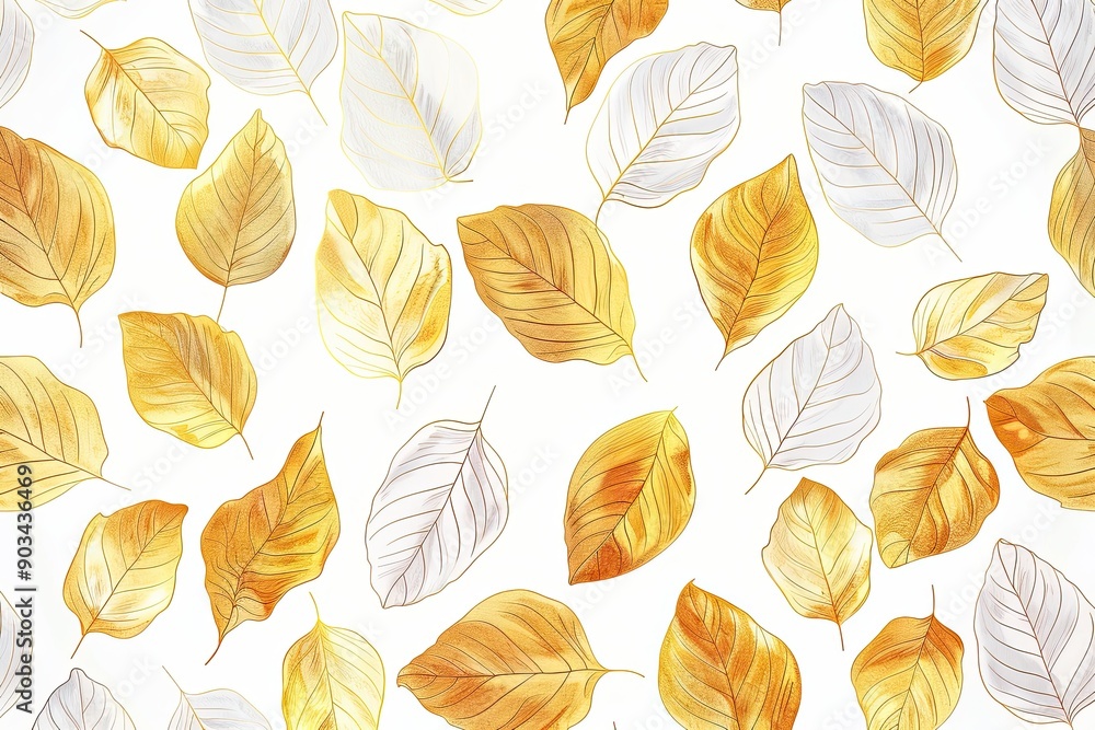 Obraz premium A pattern with a cartoonistic illustration of a white and gold leaves white background. Thick cartoon