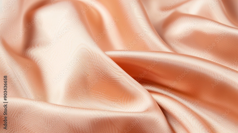 Close-up of luxurious, soft peach-colored silk fabric with smooth folds and elegant texture, ideal for backgrounds and design purposes. Close-up of luxurious, soft peach-colored silk fabric with smooth folds and elegant texture, ideal for backgrounds and design purposes.