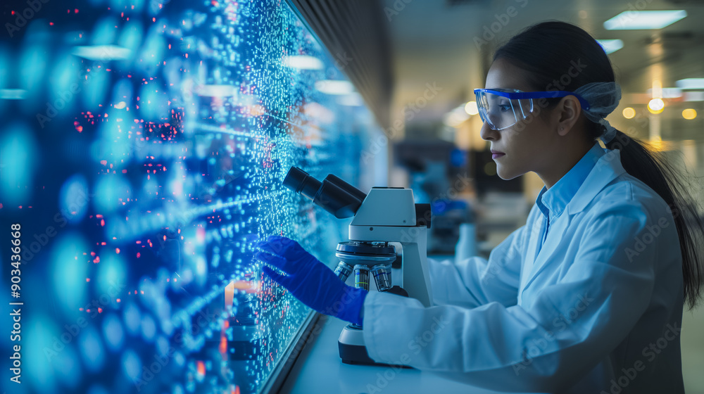 Biotechnology scientist in a modern laboratory, conducting DNA research with equipment like microscopes and computers, emphasizing medical and genetic analysis. Biotechnology scientist in a modern laboratory, conducting DNA research with equipment like microscopes and computers, emphasizing medical and genetic analysis.
