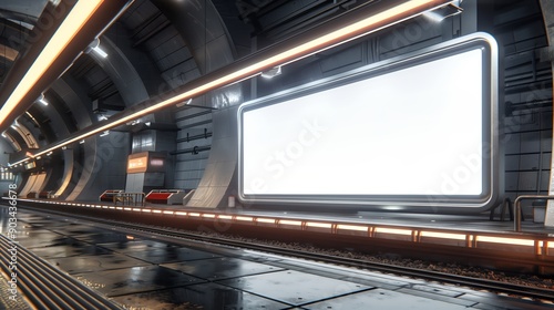Fototapeta Naklejka Na Ścianę i Meble -  Blank billboard in modern train station with metallic interior design.