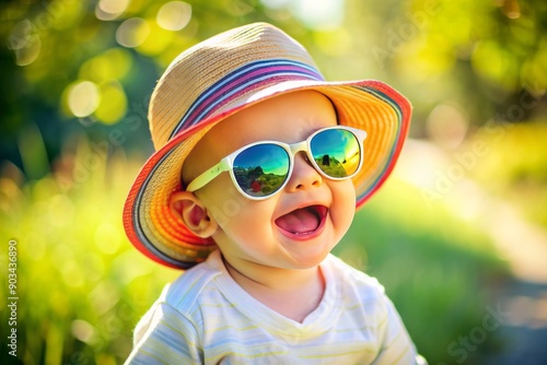 Joyful infant adorned with vibrant Panama hat and trendy summer shades, beaming with happiness, exudes carefree spirit and playful energy on a sunny day. photo