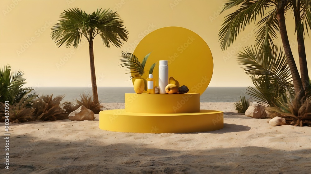 Obraz premium Yellow podium product background 3d summer display platform