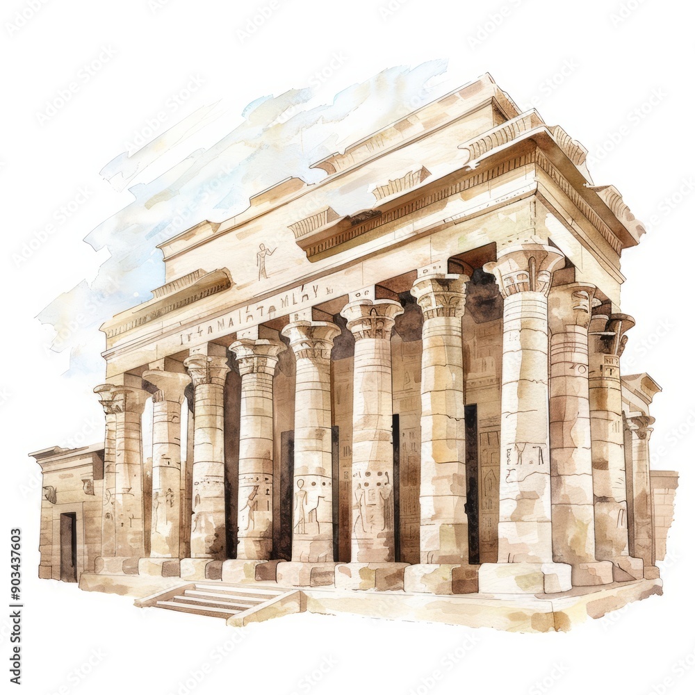 Obraz premium Watercolor painting of a grand Egyptian temple, on isolated white background, Generative AI