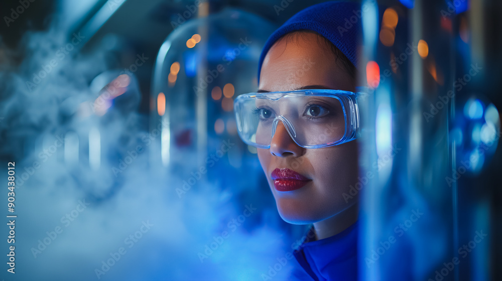 A woman wearing a blue lab coat and goggles is looking at a foggy blue background A woman wearing a blue lab coat and goggles is looking at a foggy blue background