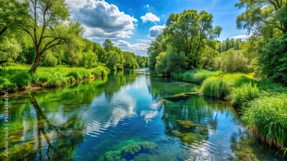 Clear rivers and lush vegetation on the banks, promoting ecological environment protection, ecology Clear rivers and lush vegetation on the banks, promoting ecological environment protection, ecology