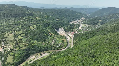 Aerial view of new road through Rikoti pass. Drone shot above highway in mountains of Georgia 2024 summer photo