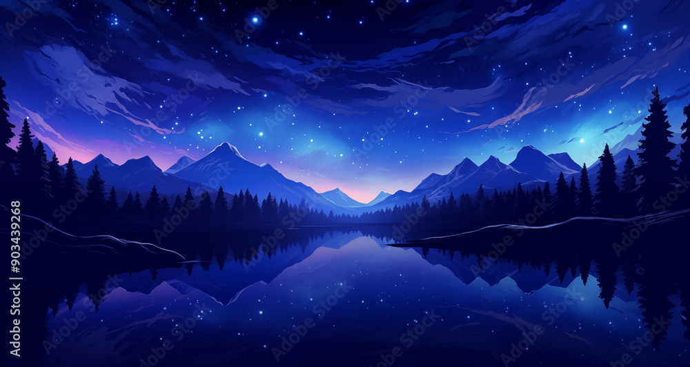 starry night sky over a mountain lake with trees and mountains Stock ...