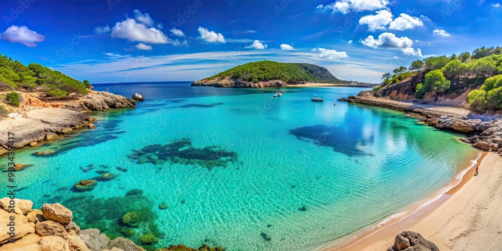 Beautiful beach of Cala Tarida with turquoise waters and white sand, Cala Tarida, Ibiza, beach Beautiful beach of Cala Tarida with turquoise waters and white sand, Cala Tarida, Ibiza, beach