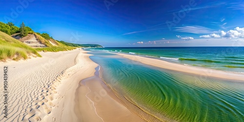 Fototapeta Naklejka Na Ścianę i Meble -  Sandy beach with clear blue water in Leba town, Baltic Sea, Poland, beach, sandy, Leba, town, Baltic Sea, Poland