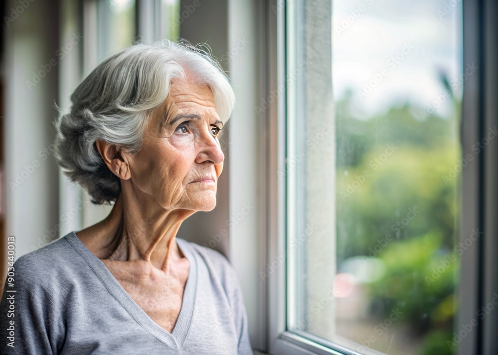Elderly lady with gray hair stands by the window, gazing outside with a concerned and thoughtful expression, lost in contemplation about her uncertain future ahead. Elderly lady with gray hair stands by the window, gazing outside with a concerned and thoughtful expression, lost in contemplation about her uncertain future ahead.