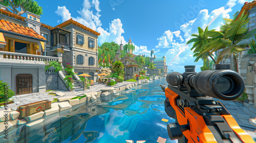First-person shooter gameplay scene in a vibrant coastal town.
