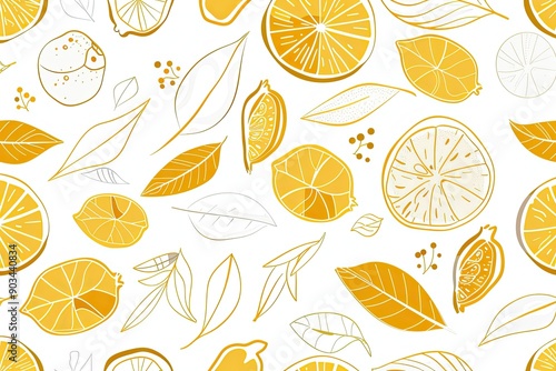 A pattern with a cartoonistic illustration of a white and gold leaves white background. Thick cartoon