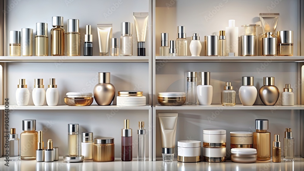 Aesthetic still life of luxury beauty products on shelves, luxury, beauty, skincare, minimal, high-end Aesthetic still life of luxury beauty products on shelves, luxury, beauty, skincare, minimal, high-end