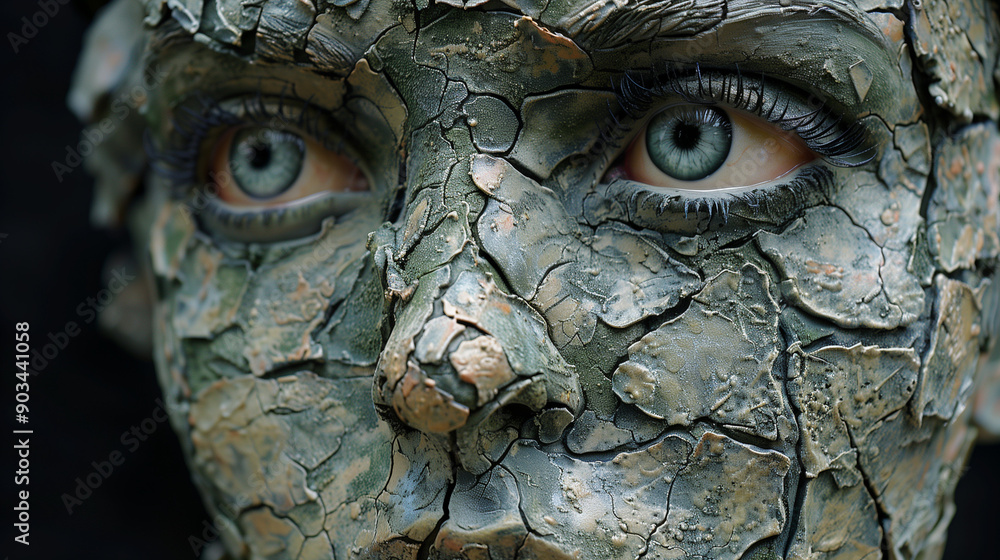 Close-up of a face with cracked, clay-like texture, featuring detailed greenish eyes, conveying a surreal and artistic mood. Close-up of a face with cracked, clay-like texture, featuring detailed greenish eyes, conveying a surreal and artistic mood.