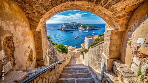 A passage leading down stone steps in the old fortified wall at Bonifacio, Corsica , Bonifacio, Corsica, historic