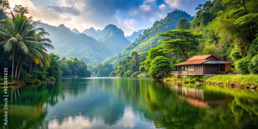 Fototapeta premium Scenic view of a tranquil lake nestled in the mountains with a lush jungle backdrop, a flowing river, and a house nearby, mountains